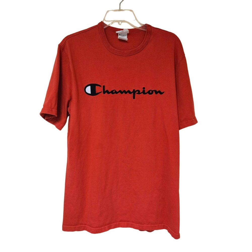 Champion Mens Red T Shirt Large Cotton Short Sleeve Script Logo Athletic Wear